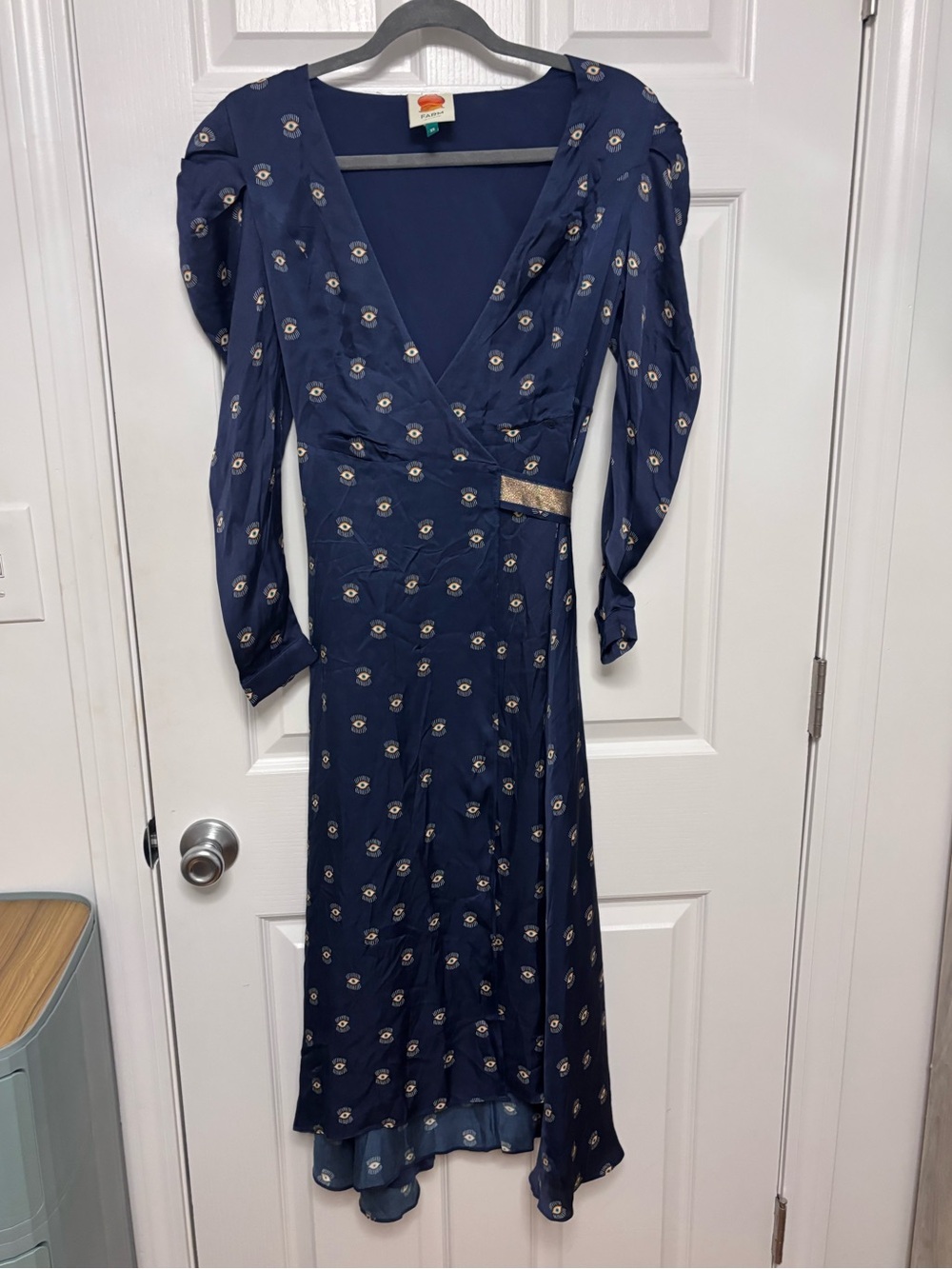 FARM Rio Navy Evil Eye Wrap Midi Dress with V-Neck and Gold Belt Accent